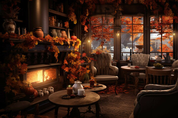Fototapeta na wymiar Cozy autumn-themed coffee shop with fireplace