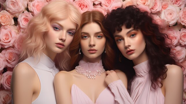 In front of a solid pastel pink background, a group of stunning models showcases their ethereal beauty. The soft color enhances their delicate features, creating a dreamlike and enchanting image