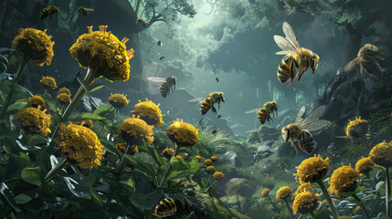 Hive Activity: Bees and Flowers, bees in their habitat - obrazy, fototapety, plakaty