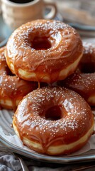 Stack of Caramel Glazed Doughnuts on a Plate with Freshly Brewed Coffee in the Background