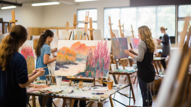 girl paints a picture on canvas on an easel in an art studio, artist, drawing, oil, brush, picture, workshop, masterclass, creativity, creator, hobby, culture, interior, beauty