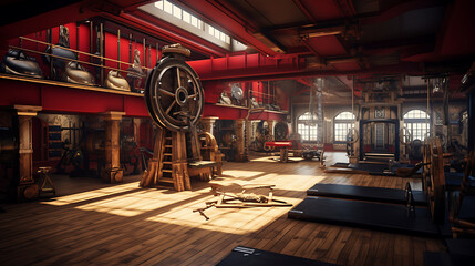 A gym interior for a pirate ship fitness center, with pirate-inspired workouts and nautical decor.