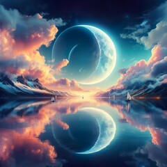 A beautiful landscape view of half cloudy circle on reflecting on water at night. moon