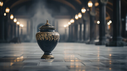 urn with ashes on the background of a crypt, temple, funeral, death, cremation, vase, bowl, culture, religion, tradition, ritual, ancient relic, museum, cemetery, remains - obrazy, fototapety, plakaty