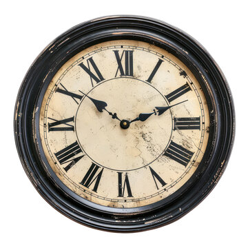 Antique wall clock with roman numerals on transparent background - stock png.