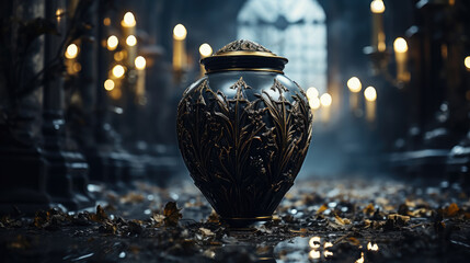 urn with ashes on the background of a crypt, temple, funeral, death, cremation, vase, bowl, culture, religion, tradition, ritual, ancient relic, museum, cemetery, remains