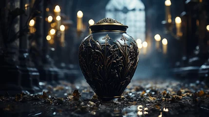 Foto op Plexiglas urn with ashes on the background of a crypt, temple, funeral, death, cremation, vase, bowl, culture, religion, tradition, ritual, ancient relic, museum, cemetery, remains © Julia Zarubina
