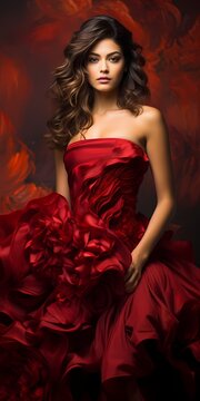 In front of a deep crimson background, a beautiful model exudes grace and poise, her ethereal presence and impeccable fashion choices capturing the essence of elegance