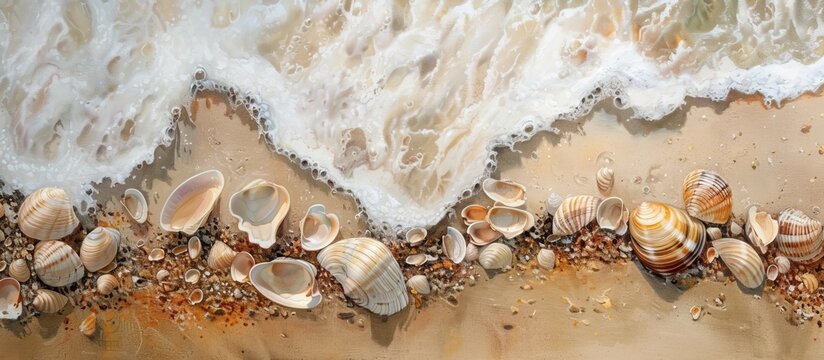 Close-up view from above of river shells intricately arranged on a sandy beach, with the sea in the background. The painting captures the texture and details of the seashells against the soft grains