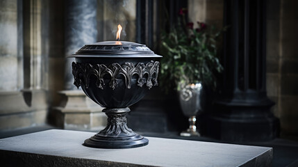 urn with ashes on the background of a crypt, temple, funeral, death, cremation, vase, bowl, culture, religion, tradition, ritual, ancient relic, museum, cemetery, remains