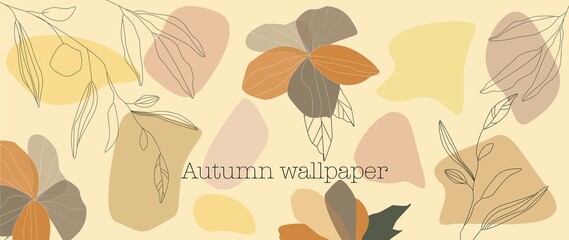 Flat background. Autumn colors. Botanical wallpaper with flowers, branches and leaves. Perfect for banner, prints, wall art and home decor..