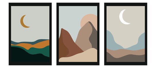 Flat illustration. The picture shows a view of the mountains, the river, the hills, the sun, the moon. Abstract design concept. Set of three posters. Ideal as pictures, screensavers and covers..