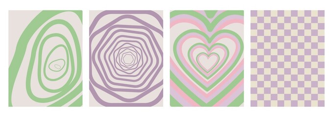 Set with geometric backgrounds. Stylish hypnotic pattern. Illustration of four abstract backgrounds with geometric shapes and hearts. Y2k concept. Template for poster or fabric design..