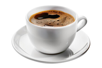Fototapeta premium Steaming espresso coffee in a white ceramic cup with saucer, cut out - stock png.