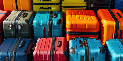 Colorful Assortment of Travel Luggage bags. Vibrant collection of multi-colored suitcases, showcasing a range of travel-ready luggage.