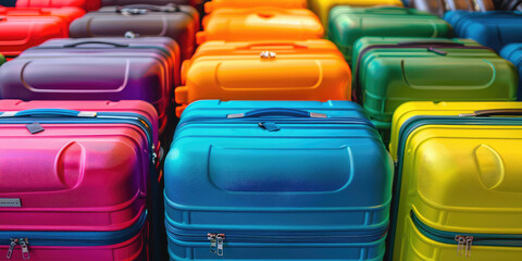 Colorful Assortment of Travel Luggage bags. Vibrant collection of multi-colored suitcases, showcasing a range of travel-ready luggage.