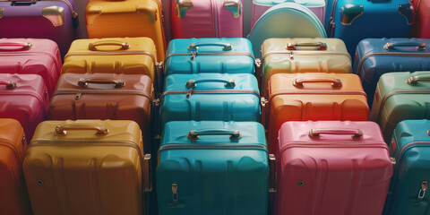 Fototapeta premium Colorful Assortment of Travel Luggage bags. Vibrant collection of multi-colored suitcases, showcasing a range of travel-ready luggage.