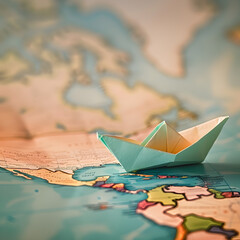 A paper boat on a world map. A representation of traveling the world by boat. 