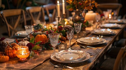 A rustic Thanksgiving dinner table set for eight, under warm ambient lighting