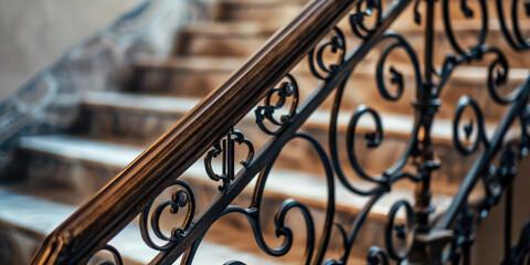Elegant Wrought Iron Staircase Railing. Close-up of a classic wrought iron staircase railing with ornate design, forged products for the interior of the house. - obrazy, fototapety, plakaty
