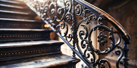 Elegant Wrought Iron Staircase Railing. Close-up of a classic wrought iron staircase railing with ornate design, forged products for the interior of the house.