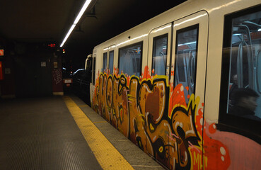 Underground train with grafitti in Rome taken 2017