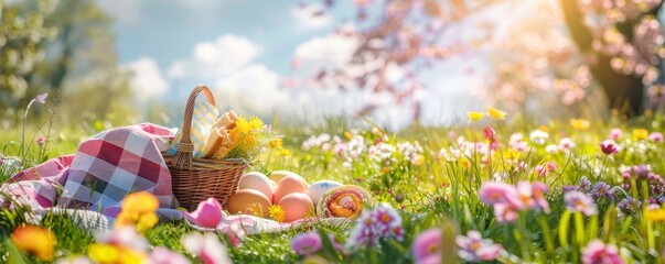 A Joyful Spring Picnic on a Sunny Meadow, Celebrating Easter with Colorful Egg Sandwiches Spread on a Gingham Blanket