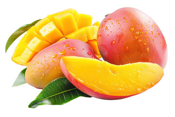 Ripe mango and juicy slices, cut out - stock png. - obrazy, fototapety, plakaty