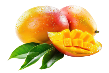 Ripe mango and juicy slices, cut out - stock png.