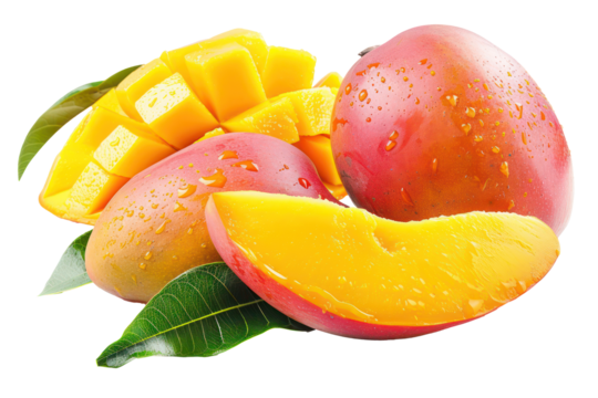 Ripe mango and juicy slices, cut out - stock png.