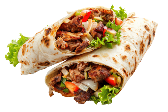 Delicious shawarma wraps with meat and vegetables, cut out - stock png.