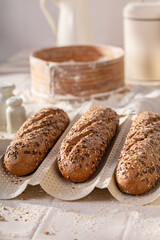 Crispy wholegrain baguettes baked on a special baking tray.