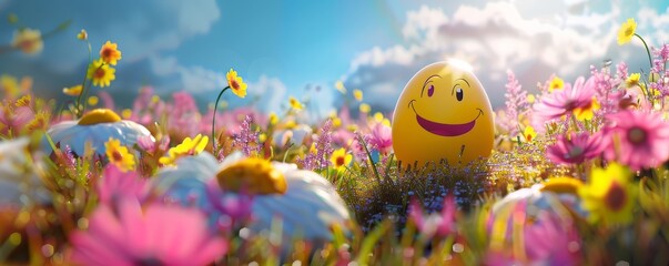 Obraz na płótnie Canvas A Joyful Easter Morning: The Sun Shines Brightly on a Colorful Meadow, Where a Cheerful Egg with a Smiley Face Welcomes the Day