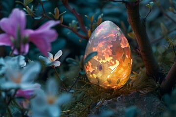 In the Heart of Spring's Embrace, an Easter Egg Transforms into a Mystical Glowing Orb, Illuminating the Night with Its Radiance