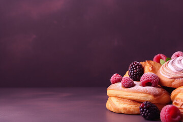 Assorted pastries topped with fresh raspberries and blackberries on a purple background.