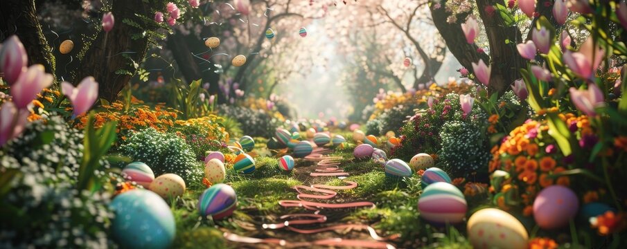 A Whimsical Easter Adventure: Colorful Ribbon Twirls Wind Through a Lush Garden, Marking the Paths to Hidden Easter Eggs