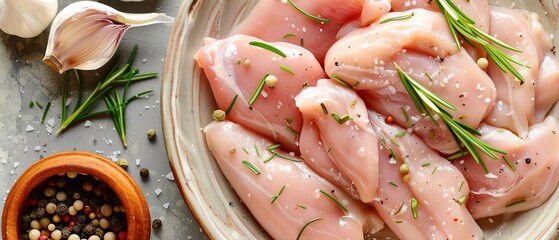 Panorama banner of raw chicken portions for cooking and barbecuing with skinless