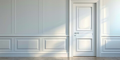 Paneled door set in a matching wall with elegant wainscoting in the sunlight.