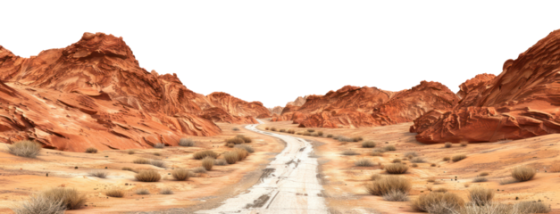 Red rock formations along a desert road, cut out - stock png.