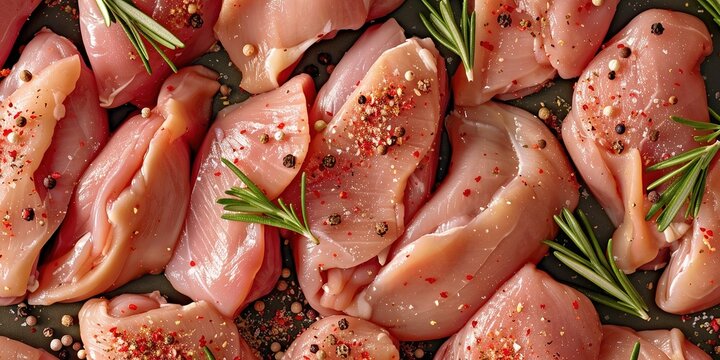 Panorama banner of raw chicken portions for cooking and barbecuing with skinless