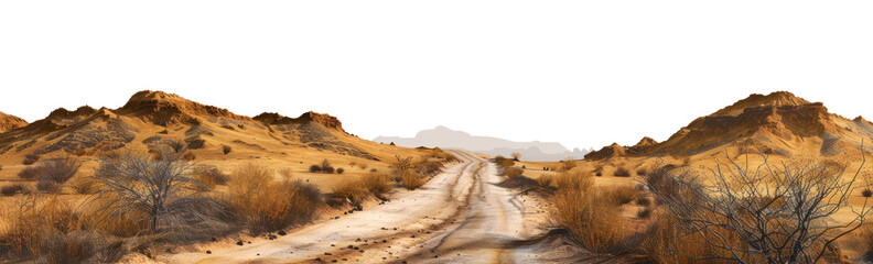 Desert road winding through arid landscape on transparent background - stock png.