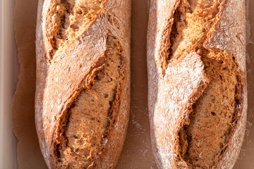 Homemade baguettes baked with flour and yeast.