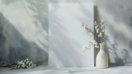 Blank white paper mockup with spring flowers in vase. Copy space for poster design for wedding invitations.