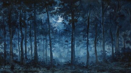 Fototapeta premium Forest at night with a full moon in the sky obscured by trees. Paintings with scary and mysterious themes.