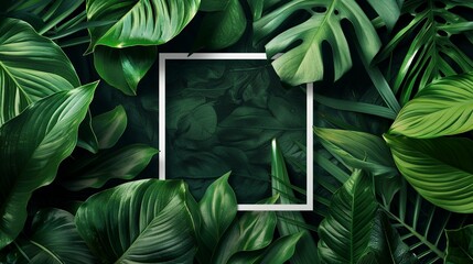 Creative layout made of tropical leaves with white frame. Flat lay. Nature concept.