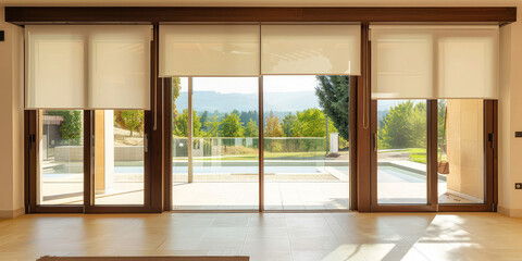 Modern sliding doors with panoramic glass windows opening in the interior of a modern country private house. - obrazy, fototapety, plakaty