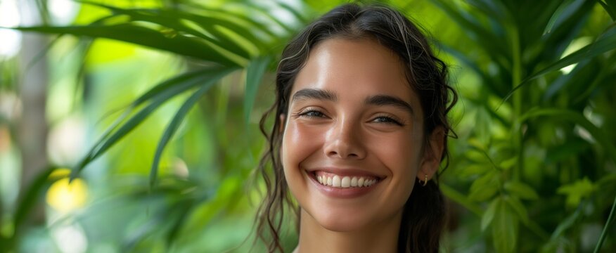 A young Latin woman smiles, her face framed by lush greenery in a double-exposed image that radiates happiness and a deep connection with nature.