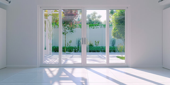 Modern sliding doors with panoramic glass windows opening in the interior of a modern country private house.