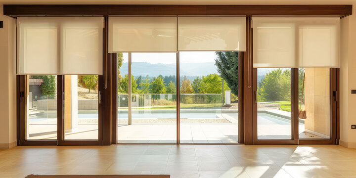 Modern sliding doors with panoramic glass windows opening in the interior of a modern country private house.