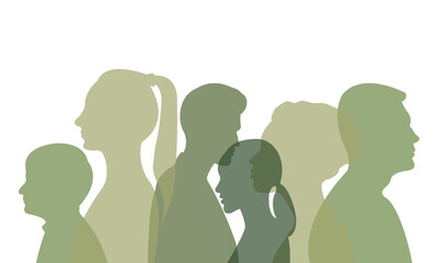 Silhouettes of a group of people.Silhouettes of people of different nationalities standing side by side together.Vector illustration.